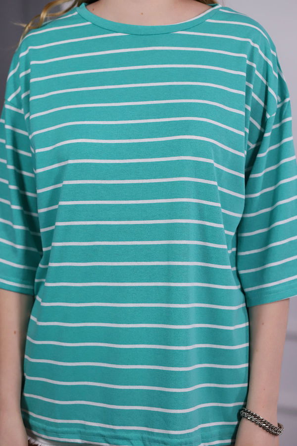 Çizgili Yetim Kol T-shirt MINT-BEYAZ Çizgili Yetim Kol T-shirt MINT-BEYAZ