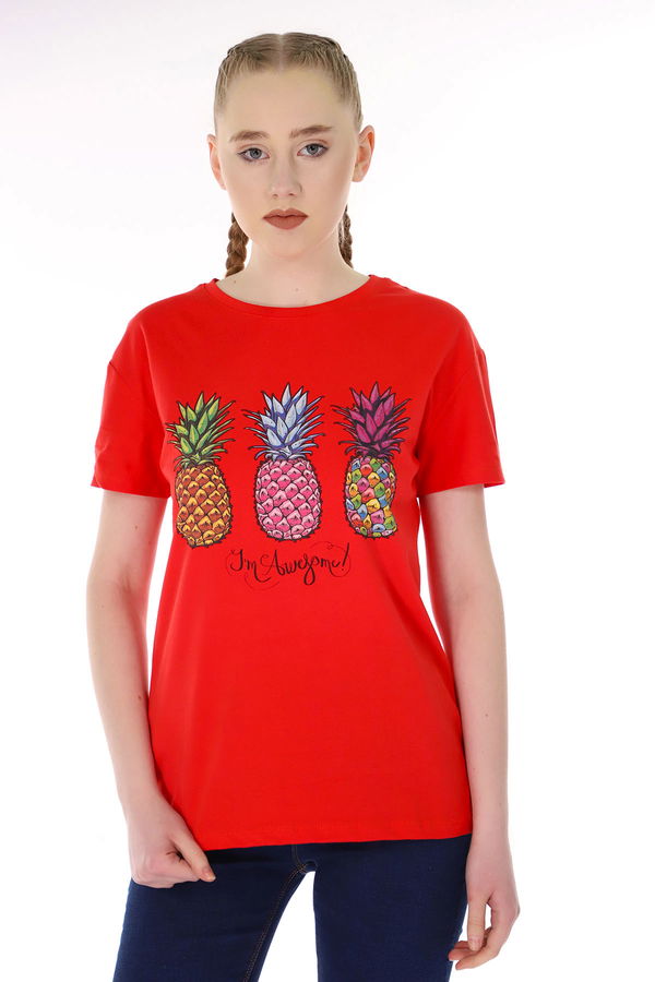 Ananas Baskılı T-shirt Kırmızı Ananas Baskılı T-shirt Kırmızı