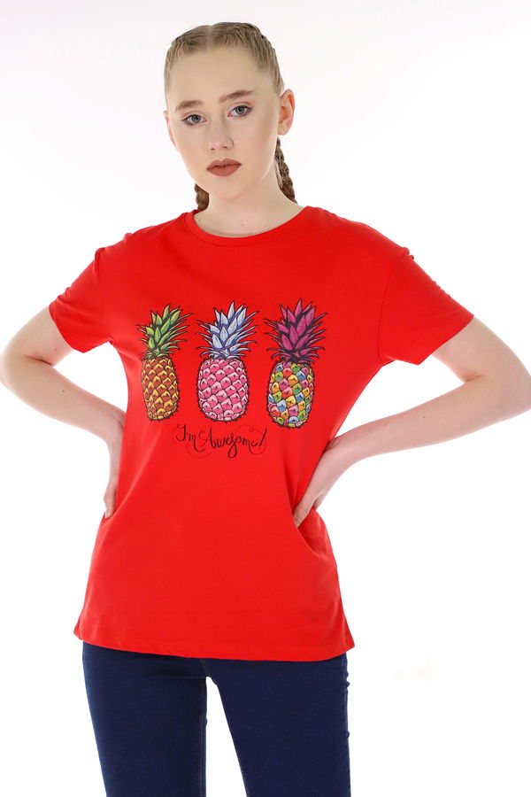 Ananas Baskılı T-shirt Kırmızı Ananas Baskılı T-shirt Kırmızı