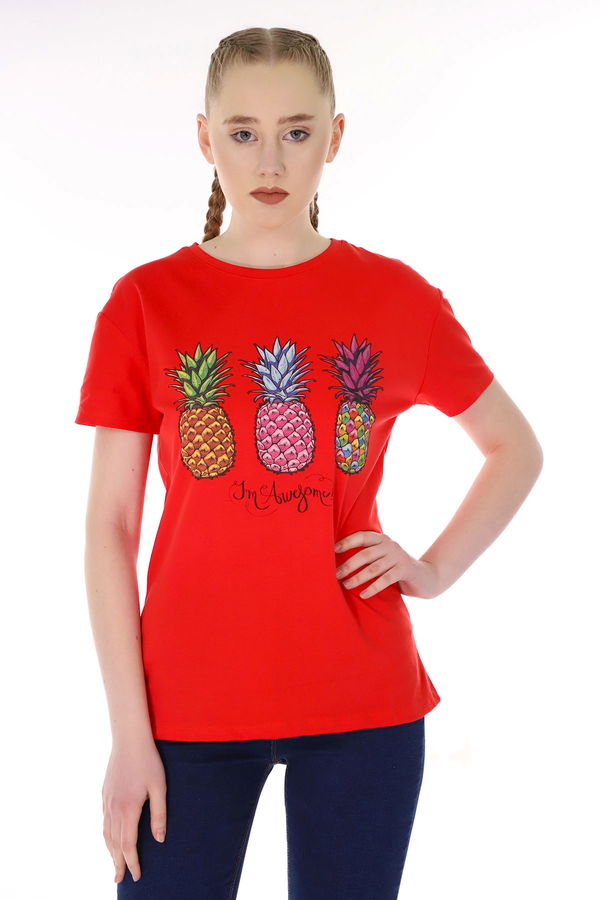 Ananas Baskılı T-shirt Kırmızı Ananas Baskılı T-shirt Kırmızı