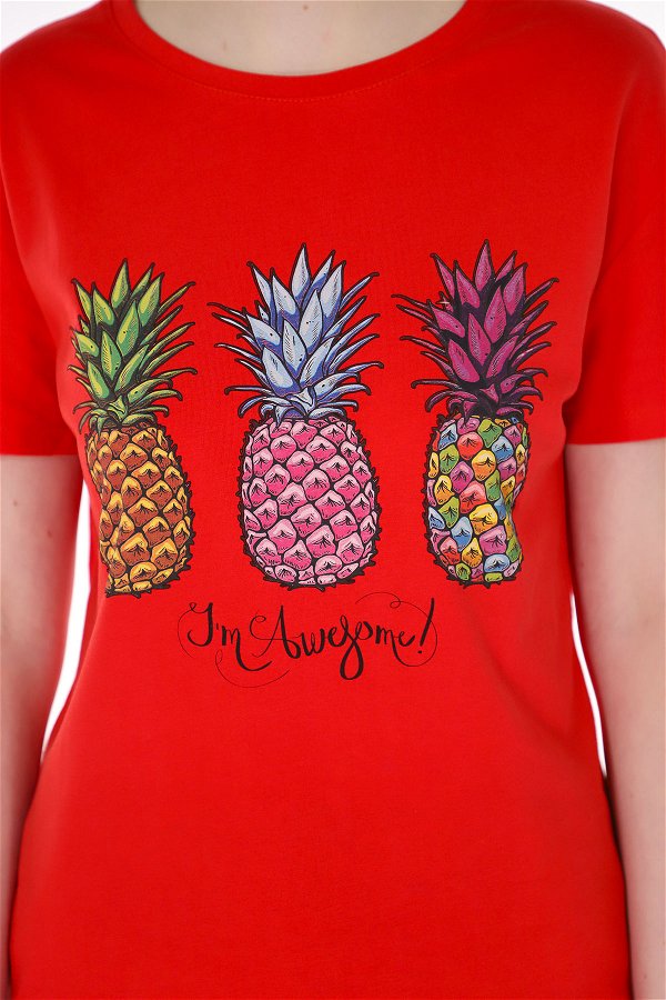 Ananas Baskılı T-shirt Kırmızı