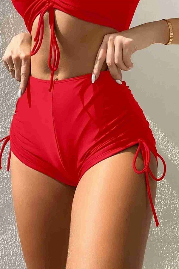 Angelsin Özel Tasarım Büzgülü Detaylı Bikini Altı Kırmızı