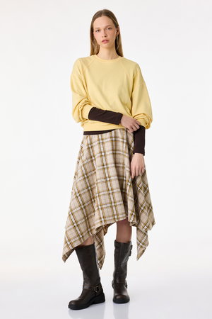 Koton Asimetrik Kesim Ekoseli Midi Etek BEJ