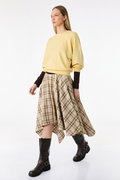 Koton Asimetrik Kesim Ekoseli Midi Etek BEJ