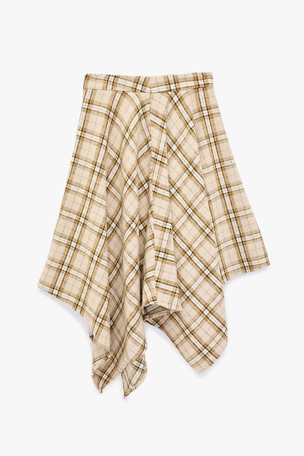 Koton Asimetrik Kesim Ekoseli Midi Etek BEJ