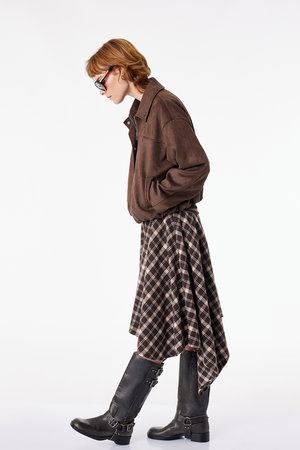 Koton Asimetrik Kesim Ekoseli Midi Etek KAHVE