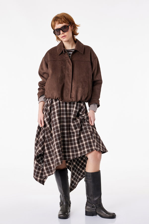 Koton Asimetrik Kesim Ekoseli Midi Etek KAHVE