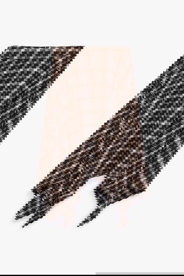 Koton Asimetrik Kesim Ekoseli Midi Etek KAHVE