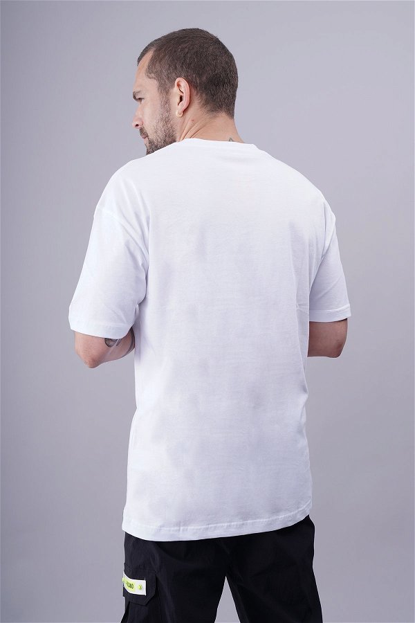 Baskılı Bisiklet Yaka Oversize T-shirt Beyaz
