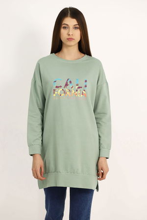 Basklı Yan Yırtmajlı Sweat  MINT Basklı Yan Yırtmajlı Sweat  MINT