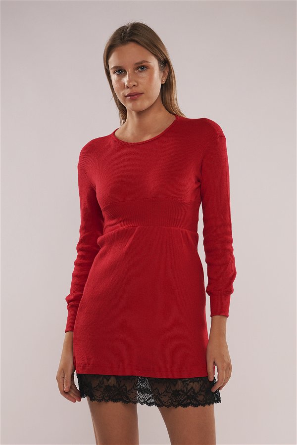 Gabria Bel Büzgülü Tül Detaylı Elbise Kırmızı