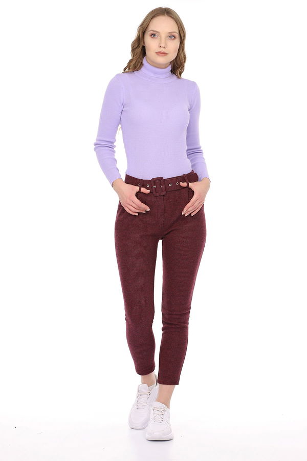 Bel Kemerli Ekose Pantolon BORDO Bel Kemerli Ekose Pantolon BORDO