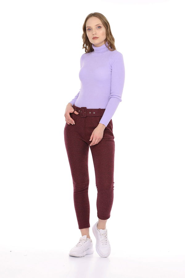 Bel Kemerli Ekose Pantolon BORDO Bel Kemerli Ekose Pantolon BORDO