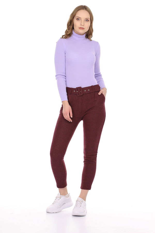Bel Kemerli Ekose Pantolon BORDO Bel Kemerli Ekose Pantolon BORDO