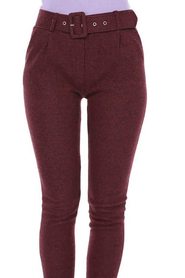 Bel Kemerli Ekose Pantolon BORDO Bel Kemerli Ekose Pantolon BORDO