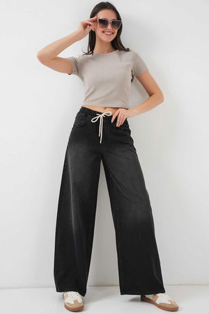 Gabria Bel Lastikli Bol Paça Jean Pantolon SİYAH Gabria Bel Lastikli Bol Paça Jean Pantolon SİYAH
