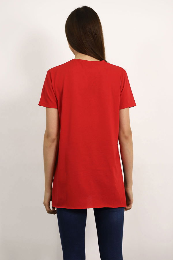 Bisiklet Yaka Yırtmaçlı T-shirt Kırmızı Bisiklet Yaka Yırtmaçlı T-shirt Kırmızı