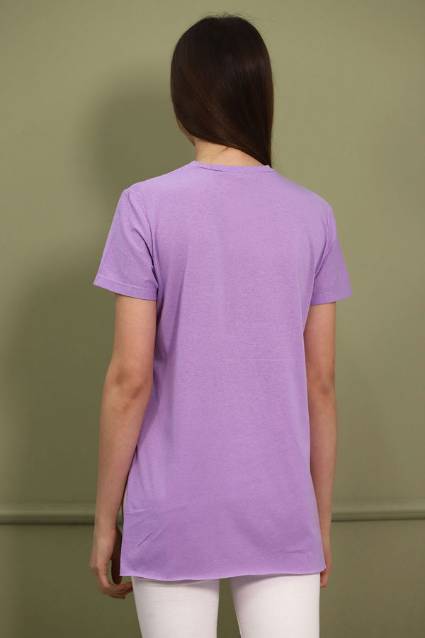 Bisiklet Yaka Yırtmaçlı T-shirt lila Bisiklet Yaka Yırtmaçlı T-shirt lila