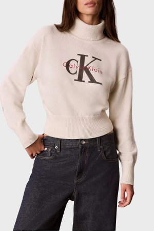 Calvin Klein Kadın Balıklı Yaka Kazak EKRU
