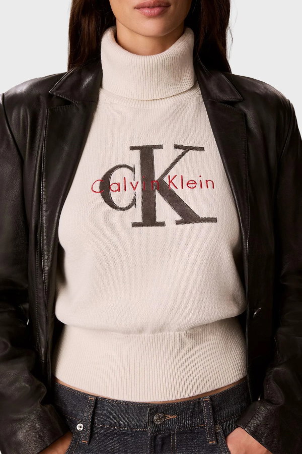 Calvin Klein Kadın Balıklı Yaka Kazak EKRU
