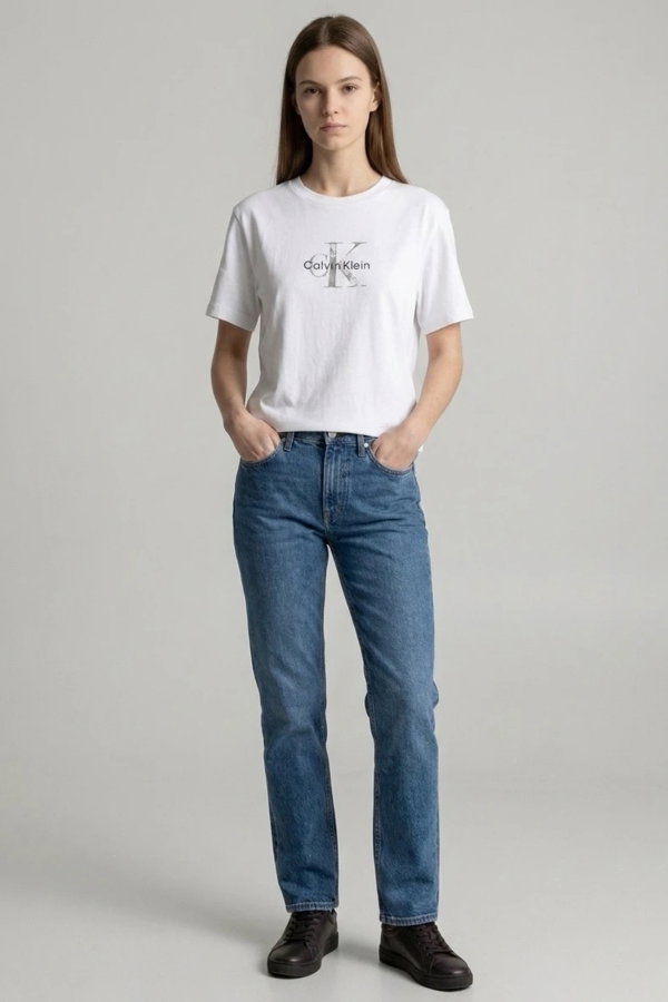 Calvin Klein Kadın Bisiklet Yaka T-shirt Beyaz