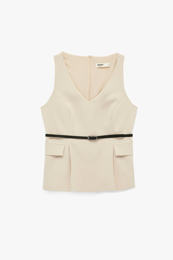 Koton Cep Detaylı V Yaka Kemerli Kolsuz Bluz VİZON