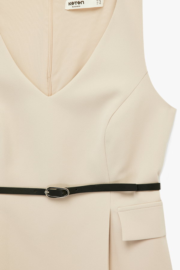 Koton Cep Detaylı V Yaka Kemerli Kolsuz Bluz VİZON