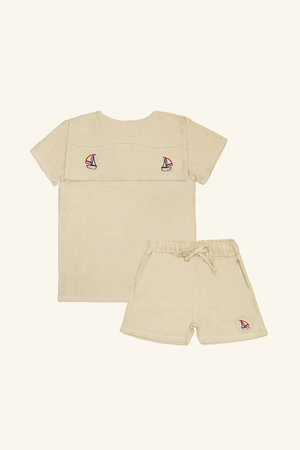 Denizci Yakaı Organik Pamuk Müslin Gömlek ve Şort Takım BEJ