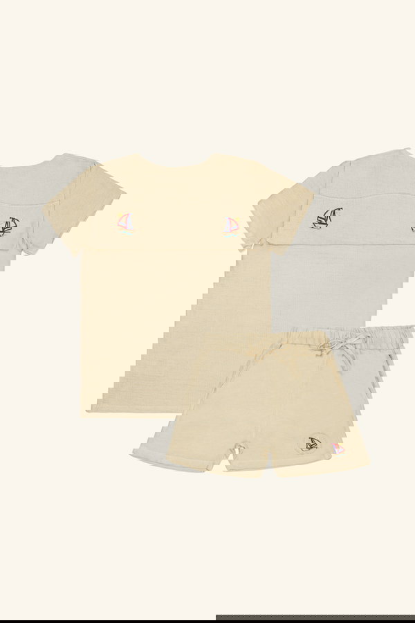 Denizci Yakaı Organik Pamuk Müslin Gömlek ve Şort Takım BEJ