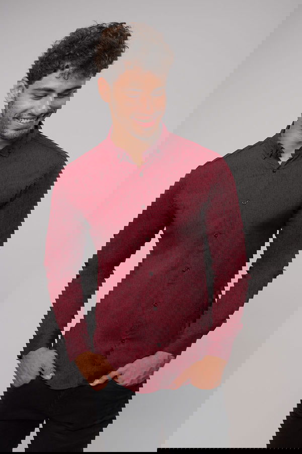 Desenli Düğmeli Gömlek BORDO Desenli Düğmeli Gömlek BORDO