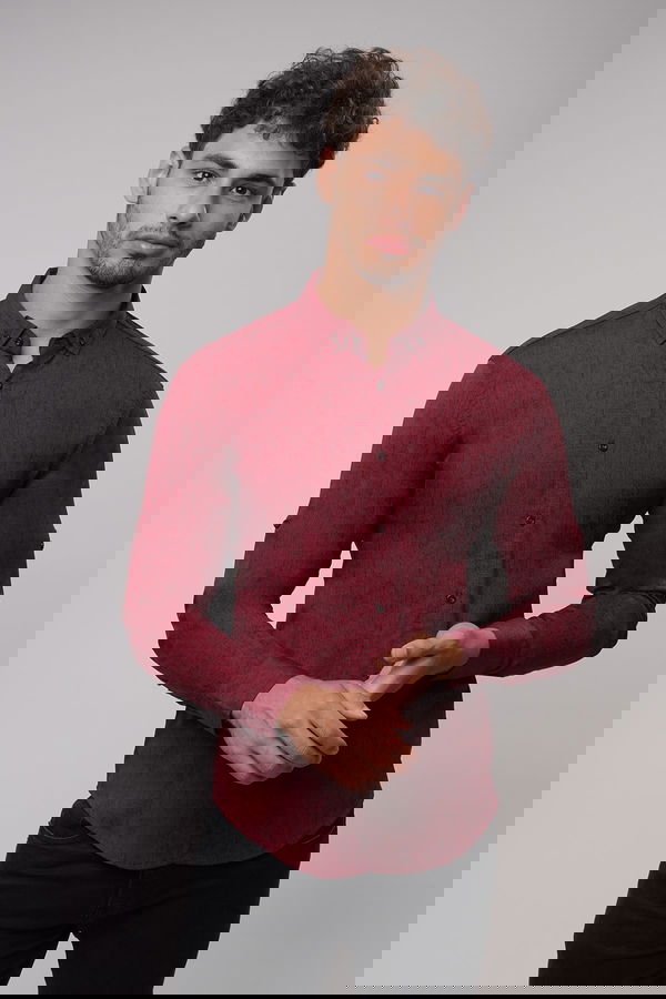 Desenli Düğmeli Gömlek BORDO Desenli Düğmeli Gömlek BORDO