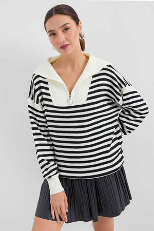 Gabria Fermuarlı Çizgili Kazak EKRU Gabria Fermuarlı Çizgili Kazak EKRU