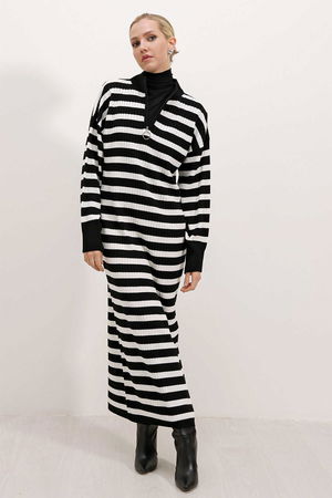 Gabria Fermuarlı Çizgili Triko Elbise SİYAH Gabria Fermuarlı Çizgili Triko Elbise SİYAH
