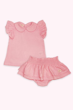 Fırfır Detaylı Organik Pamuk Müslin Bluz -Şort Takım PEMBE