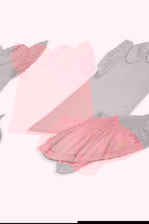 Fırfır Detaylı Organik Pamuk Müslin Bluz -Şort Takım PEMBE