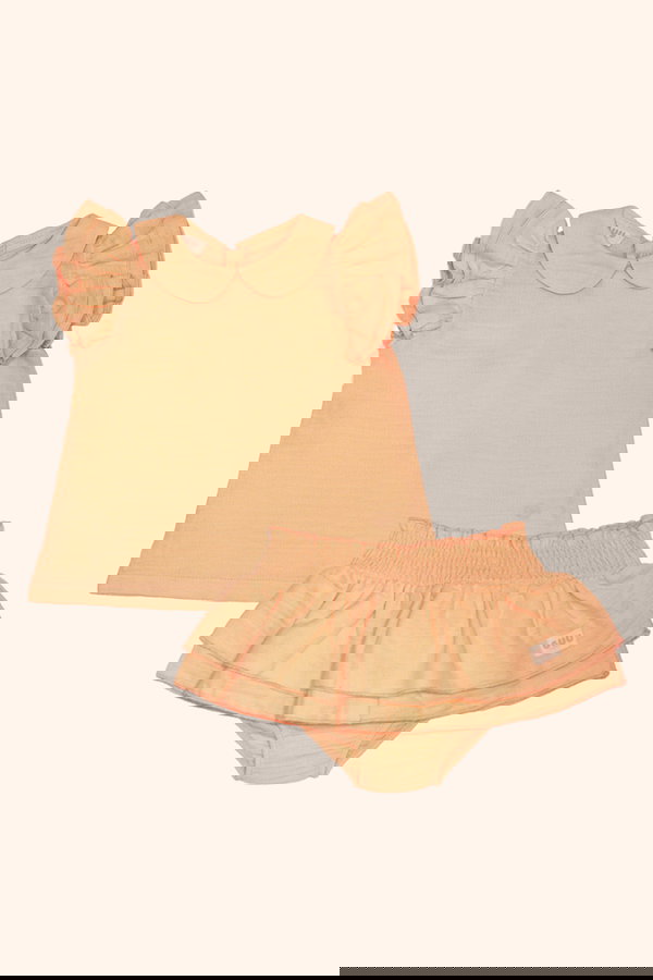 Fırfır Detaylı Organik Pamuk Müslin Bluz -Şort Takım TURUNCU