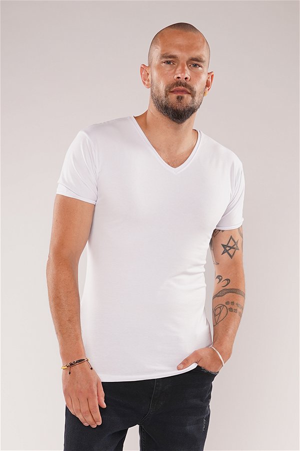 Gabria V Yaka T-shirt Beyaz