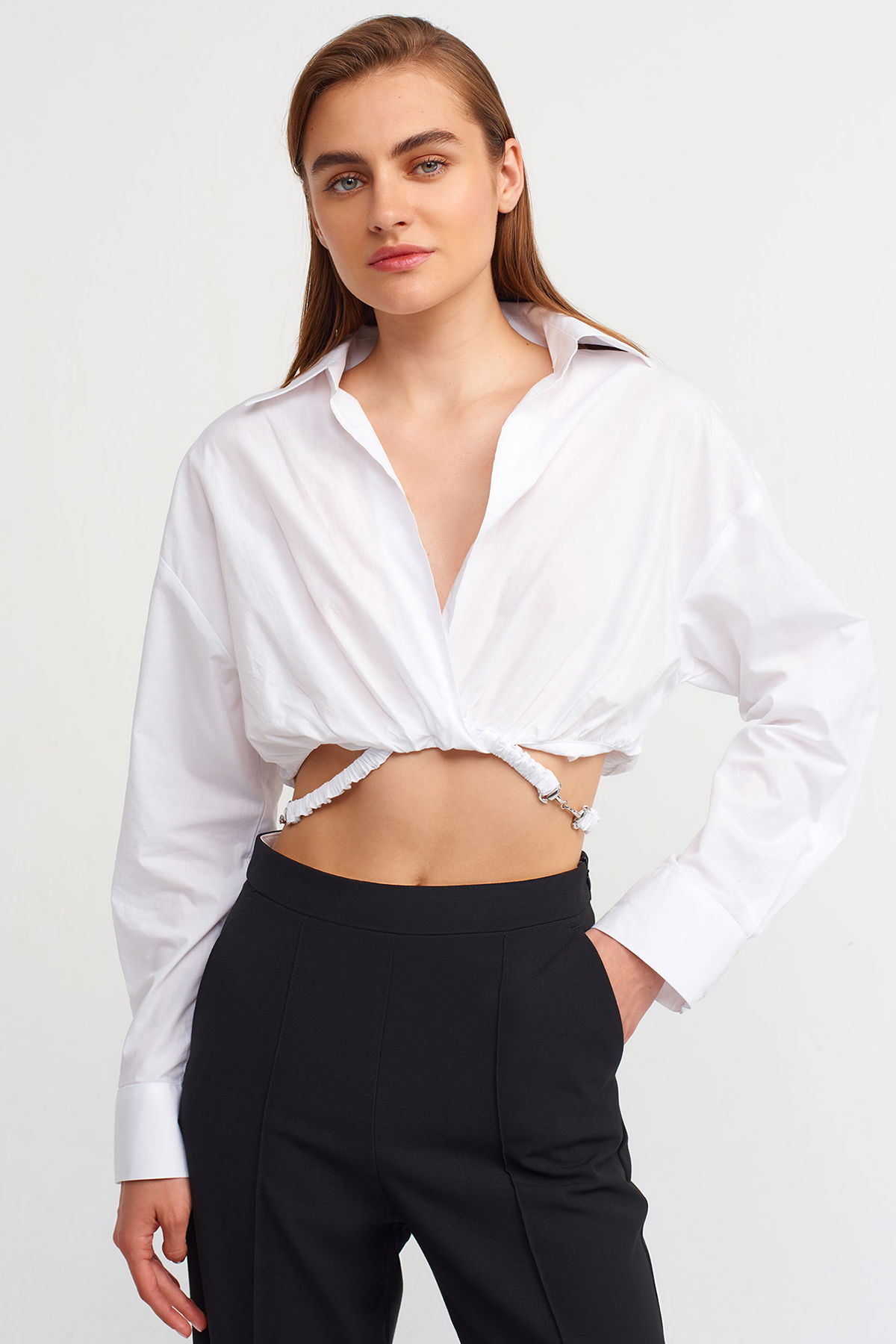 Dilvin Gömlek Görünümlü Crop Top Beyaz