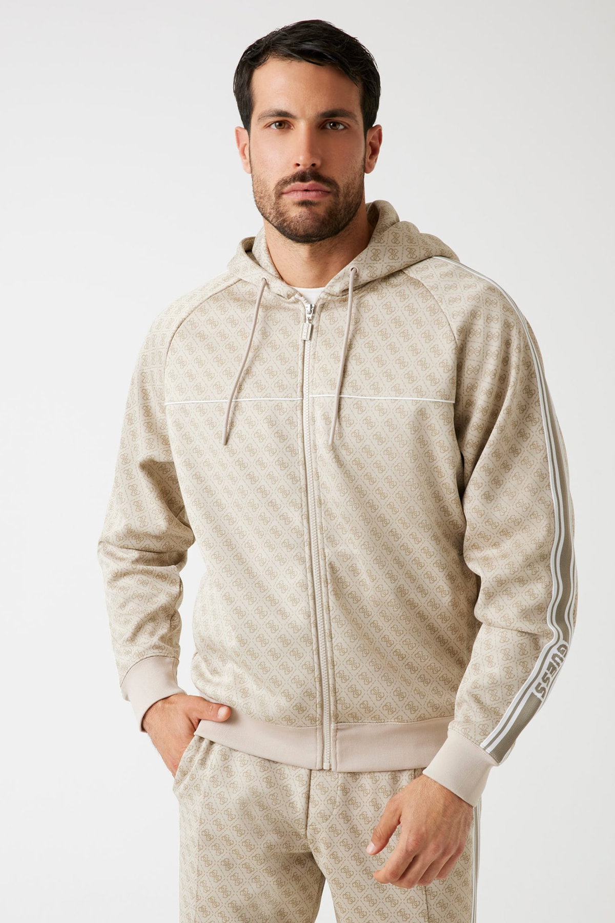 Guess Logolu Erkek Fermuarlı Sweatshirt BEJ