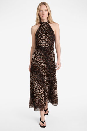 Koton Halter Yaka Pileli Kolsuz Volanlı Midi Leopar Elbise LEOPAR