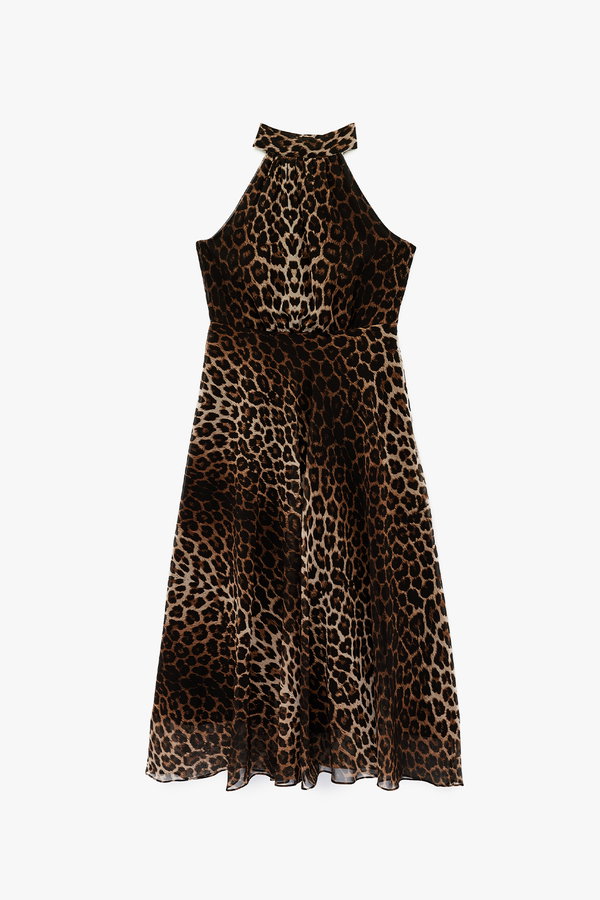 Koton Halter Yaka Pileli Kolsuz Volanlı Midi Leopar Elbise LEOPAR