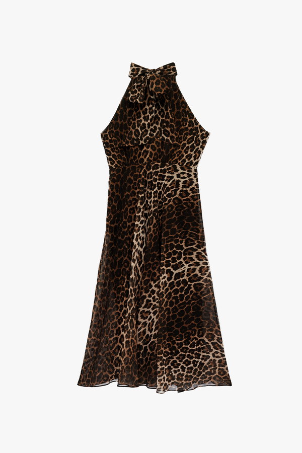 Koton Halter Yaka Pileli Kolsuz Volanlı Midi Leopar Elbise LEOPAR