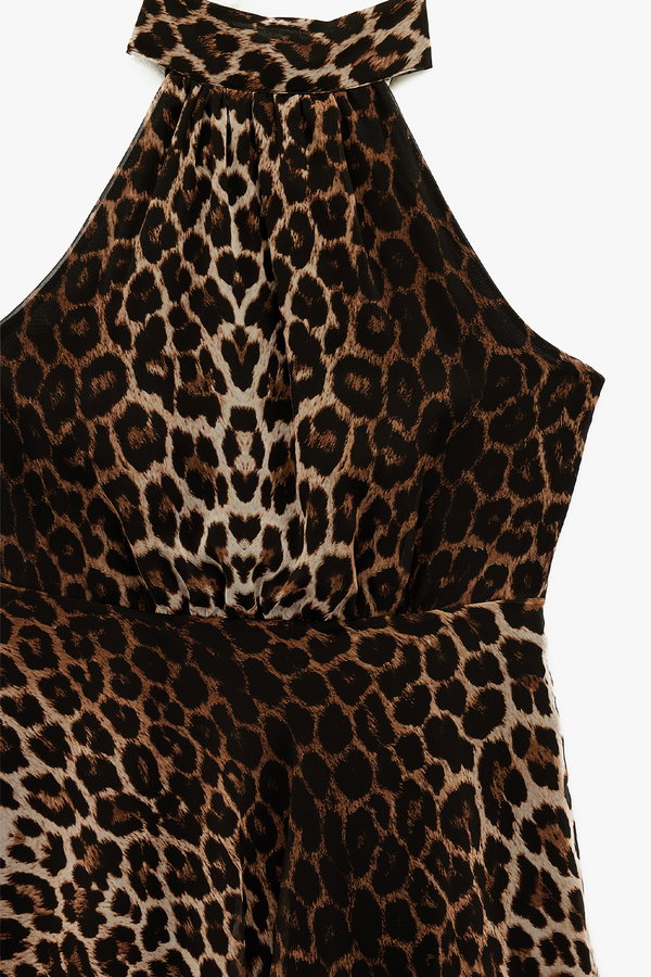 Koton Halter Yaka Pileli Kolsuz Volanlı Midi Leopar Elbise LEOPAR