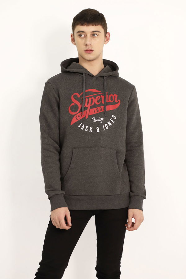 Jack Jones Baskılı Kanguru Cep Sweat GRI MELANJ Jack Jones Baskılı Kanguru Cep Sweat GRI MELANJ