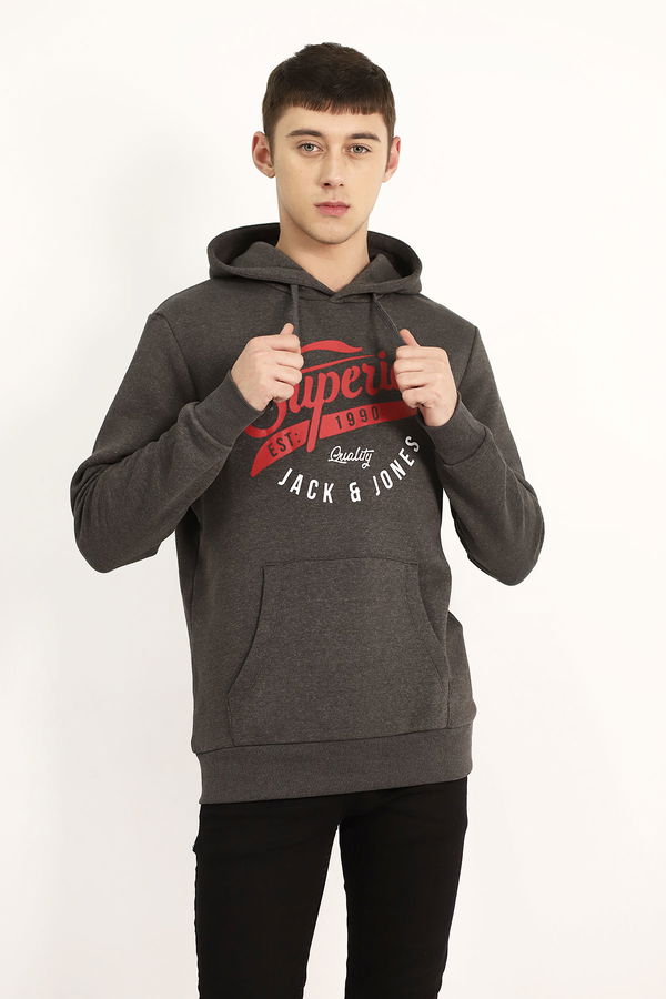 Jack Jones Baskılı Kanguru Cep Sweat GRI MELANJ Jack Jones Baskılı Kanguru Cep Sweat GRI MELANJ