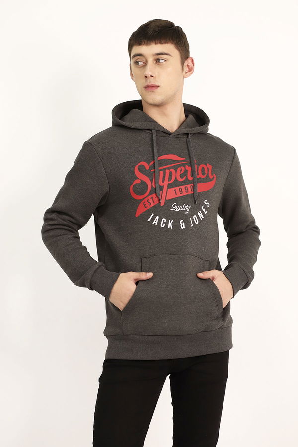 Jack Jones Baskılı Kanguru Cep Sweat GRI MELANJ Jack Jones Baskılı Kanguru Cep Sweat GRI MELANJ