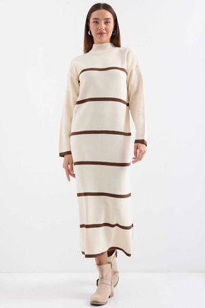 Gabria Kalın Çizgili Triko Elbise BEJ Gabria Kalın Çizgili Triko Elbise BEJ