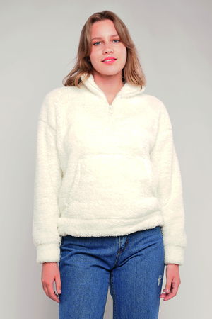 Gabria Kanguru Cepli Yarım Fermuarlı Peluş Sweat EKRU Gabria Kanguru Cepli Yarım Fermuarlı Peluş Sweat EKRU