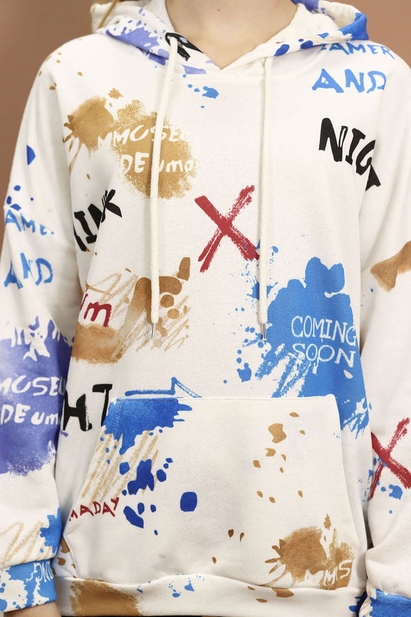 Kapüşonlu Baskılı Sweat Beyaz Kapüşonlu Baskılı Sweat Beyaz