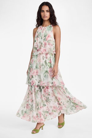 Koton Katlı Kolsuz Halter Yaka Çiçekli Şifon Elbise PEMBE